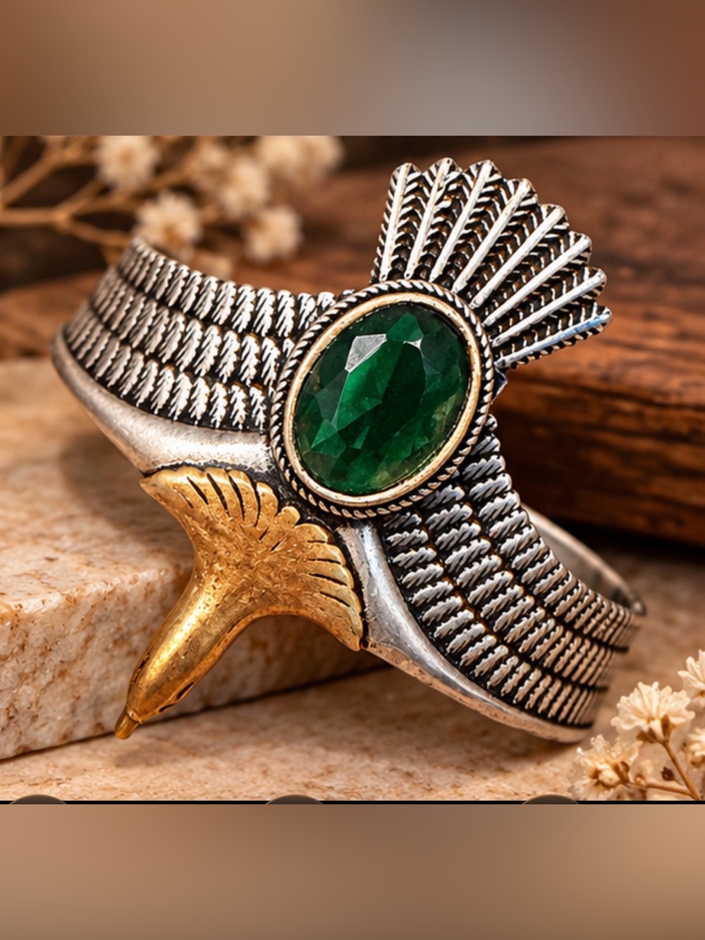 Sterling-Style Silver Cuff Bracelet with Emerald Green Stone and Gold Accent